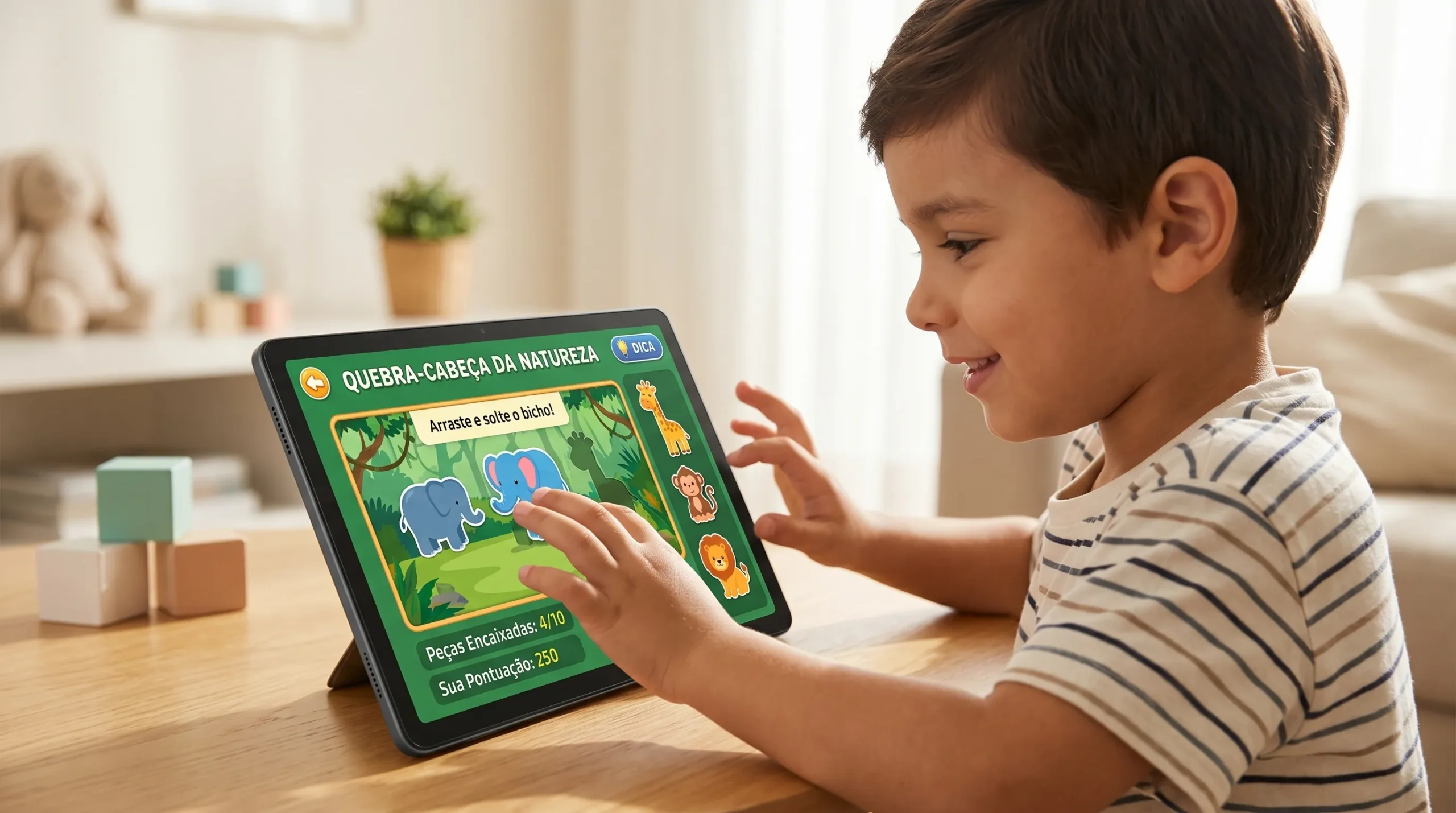 Criança focada utilizando um tablet infantil para estudo durante as férias escolares.