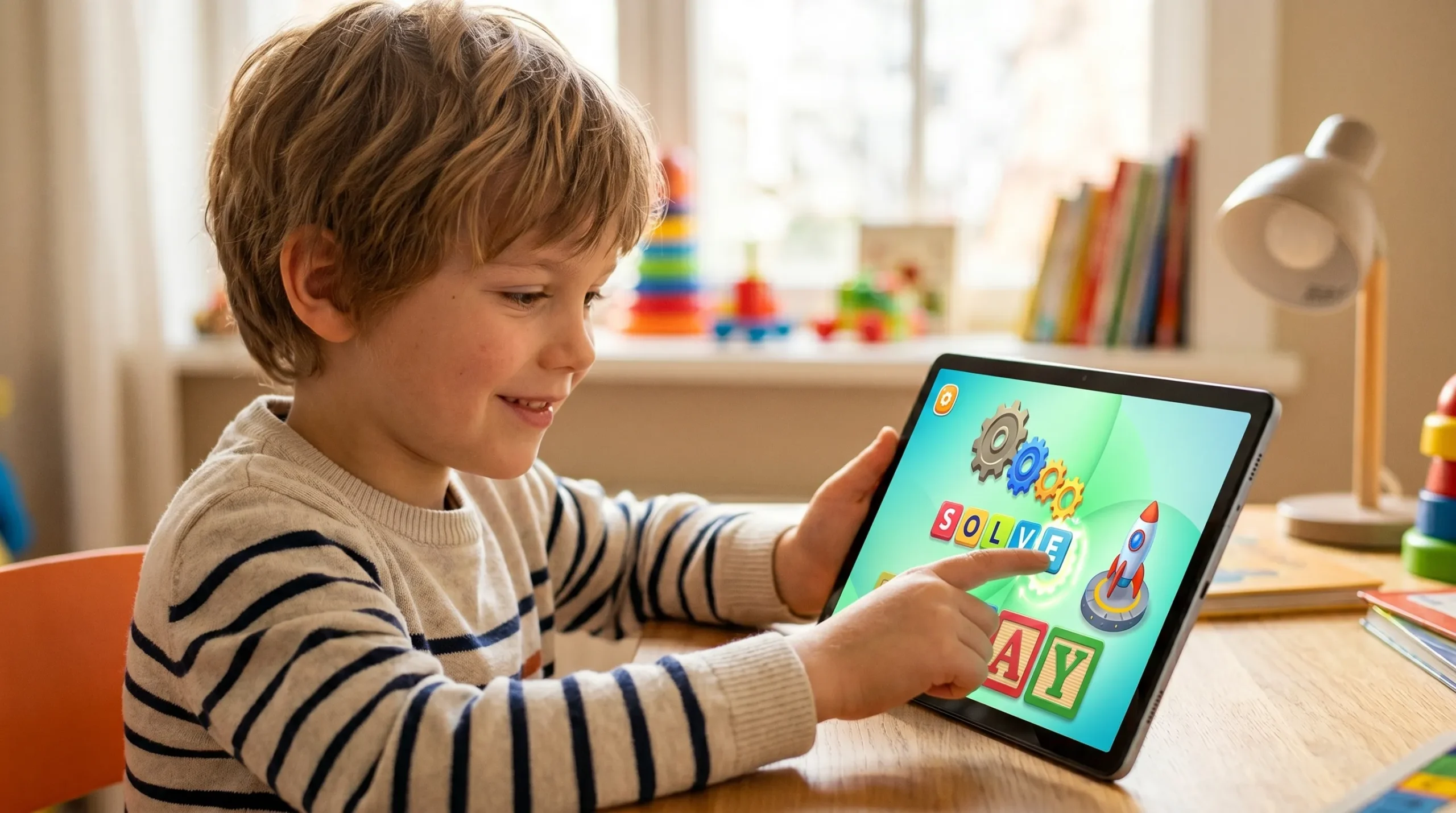 Criança desenvolvendo habilidades cognitivas com jogos educativos para crianças no tablet.