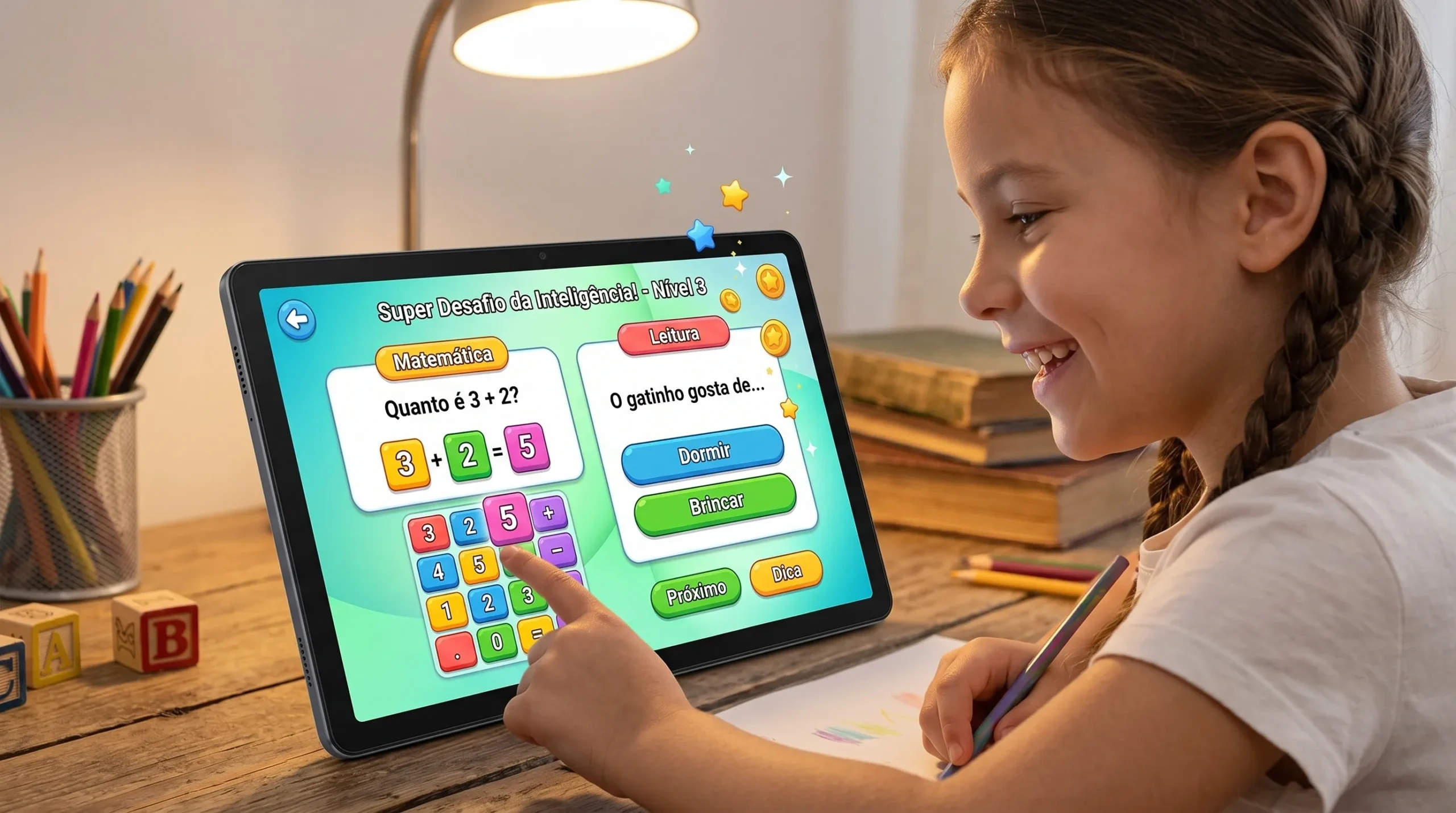 Aplicativos didáticos de matemática e leitura rodando em um tablet infantil para estudo.
