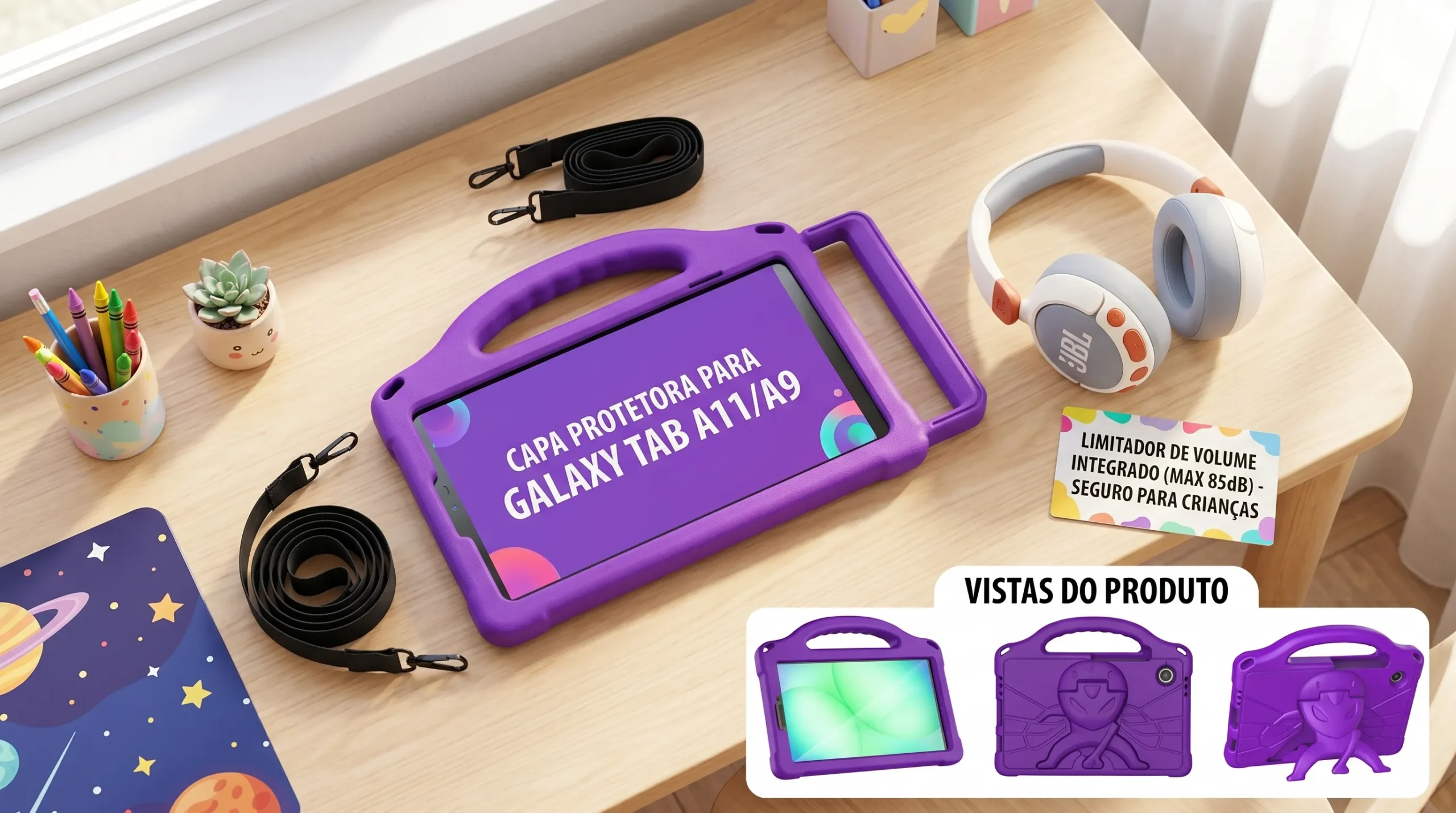 Acessórios de proteção e fones de ouvido antiqueda para tablet infantil para estudo.