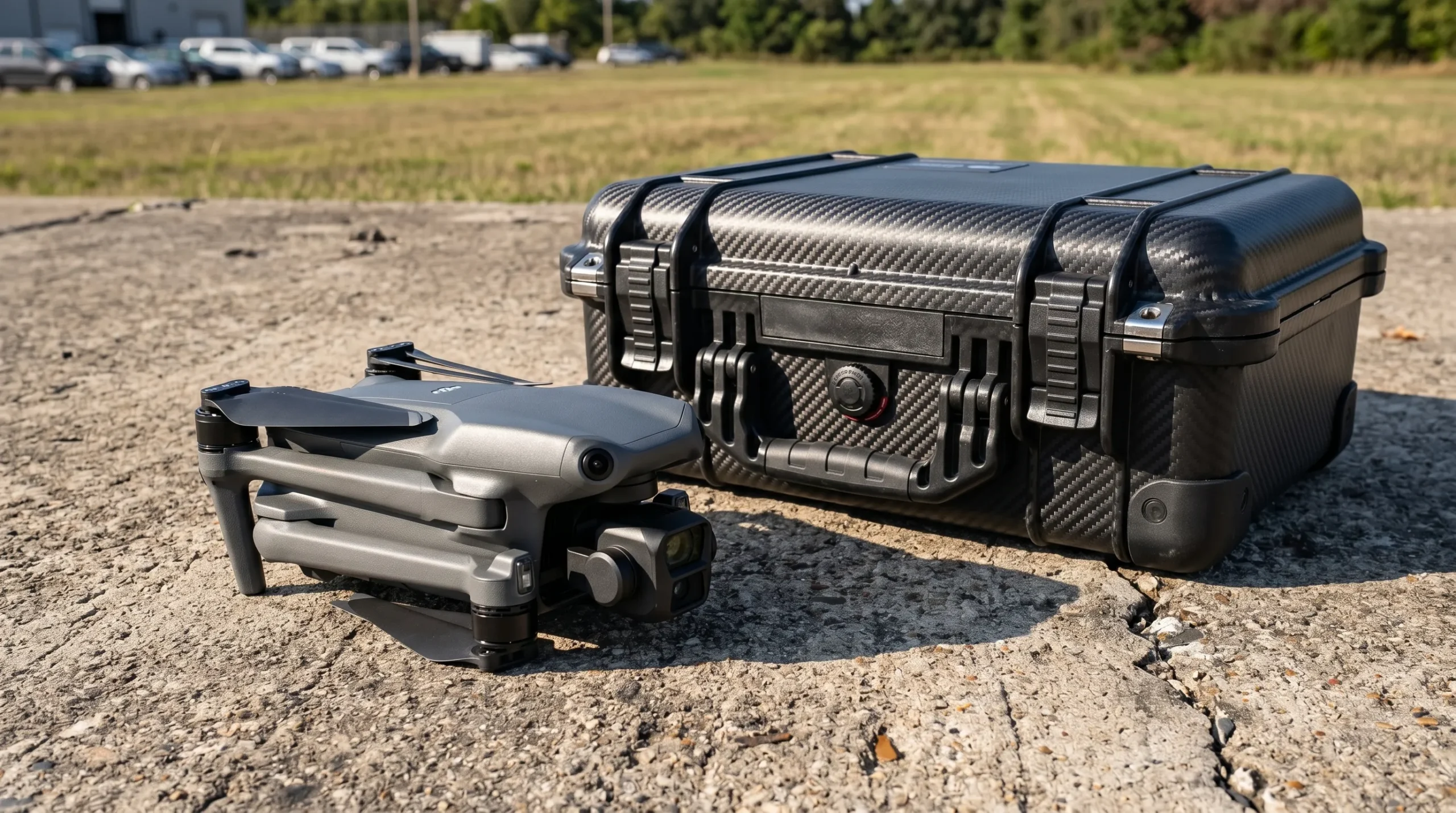 Drone profissional DJI Air 3 dobrado ao lado de maleta rígida de proteção.