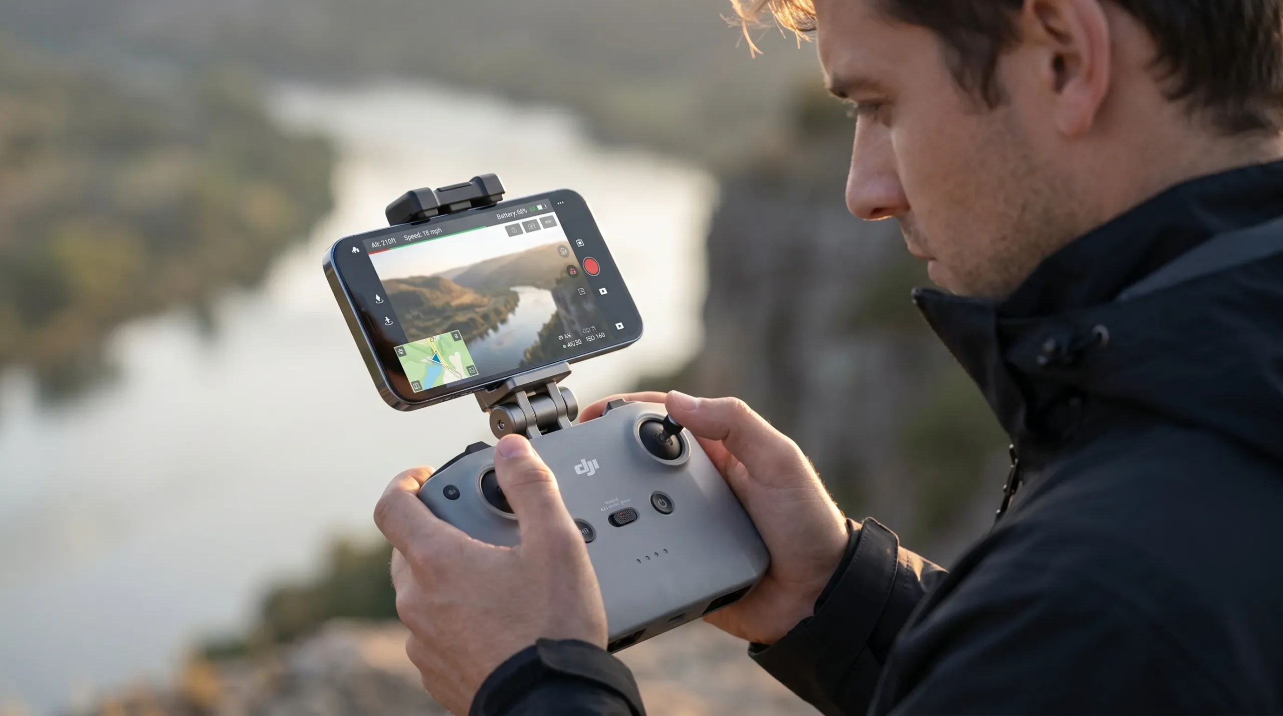 Operador utilizando o rádio RC-N2 com o smartphone acoplado e virado de frente para o rosto.
