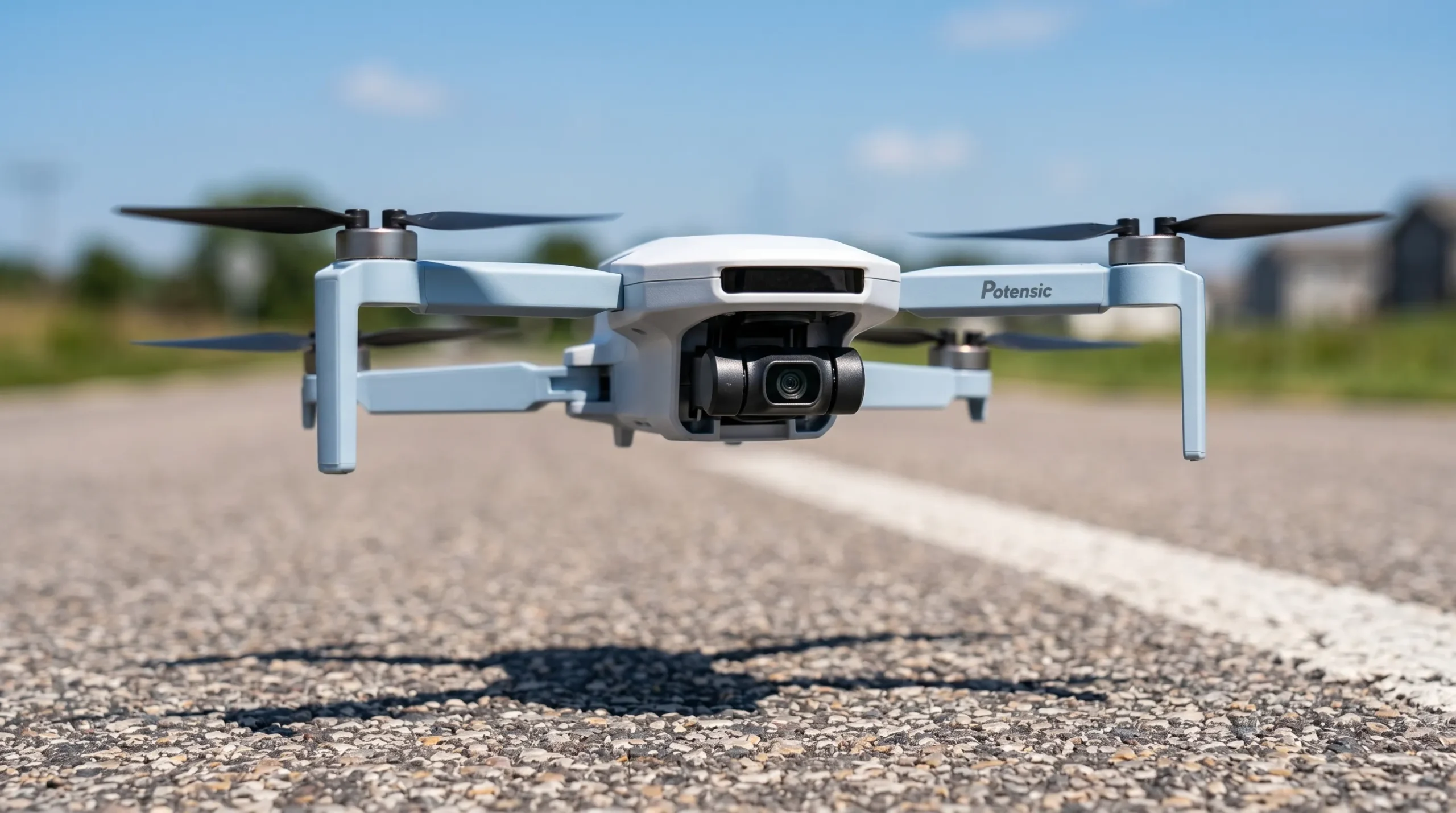 Drone Potensic Atom SE com câmera 4K pairando em voo estável fora do ecossistema DJI.
