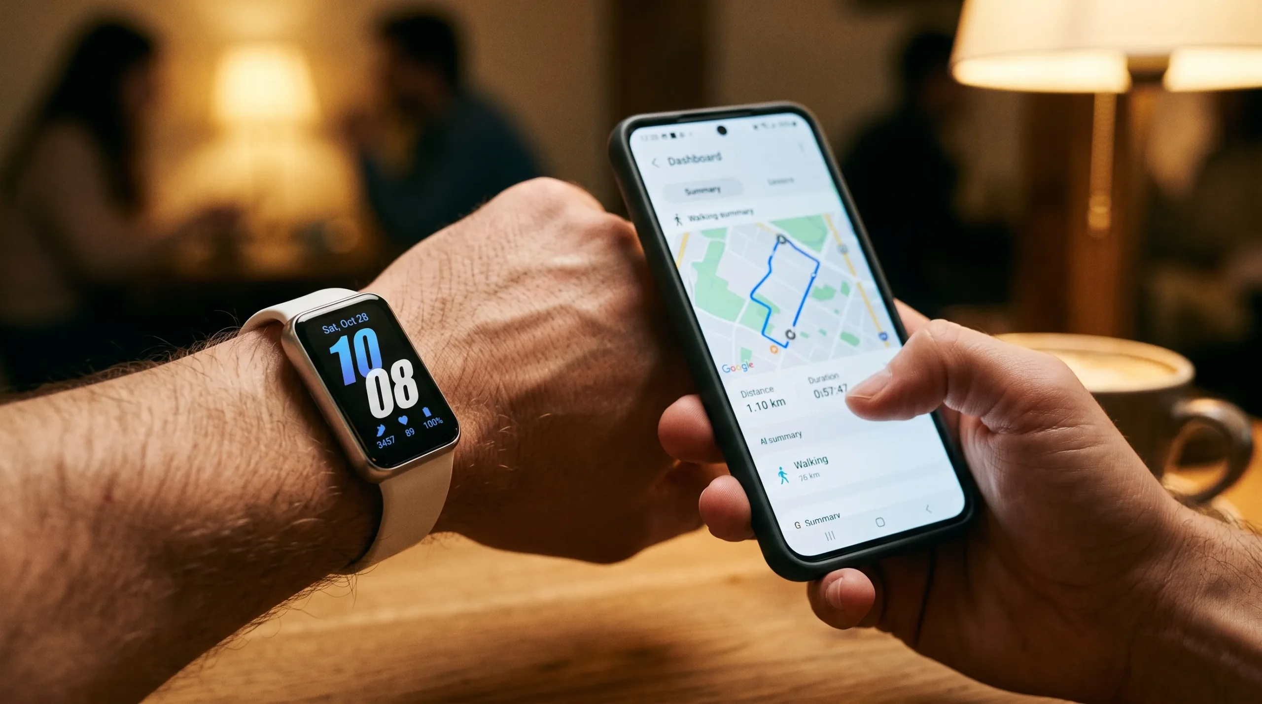 mãos segurando smartphone ao lado de smartwatch Samsung durante configuração do WhatsApp