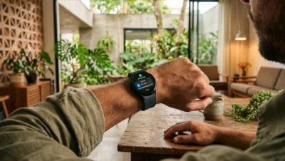 smartwatch Samsung Galaxy Watch no pulso exibindo notificação de áudio do WhatsApp