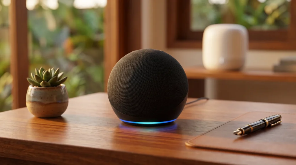 Echo Dot nova geração sobre mesa em ambiente residencial moderno com roteador ao fundo
