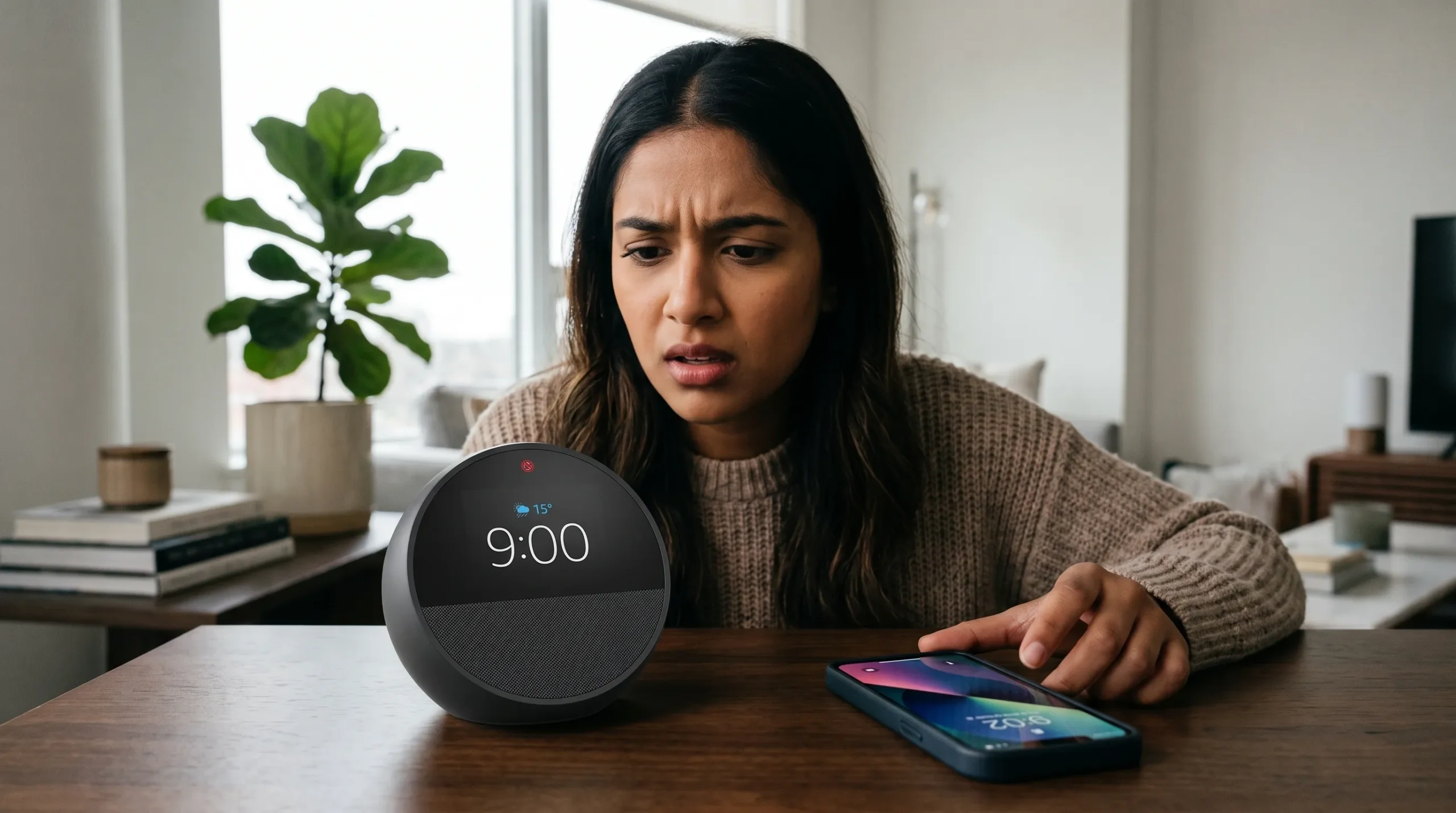 pessoa olhando para Echo Dot sem internet tentando usar a Alexa